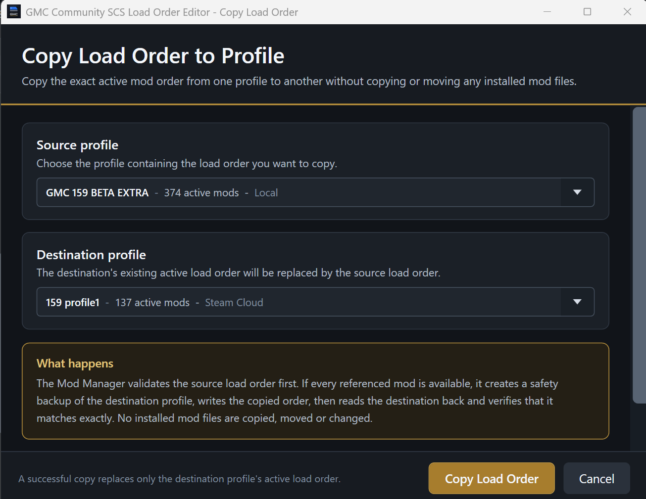 Copy Load Order window