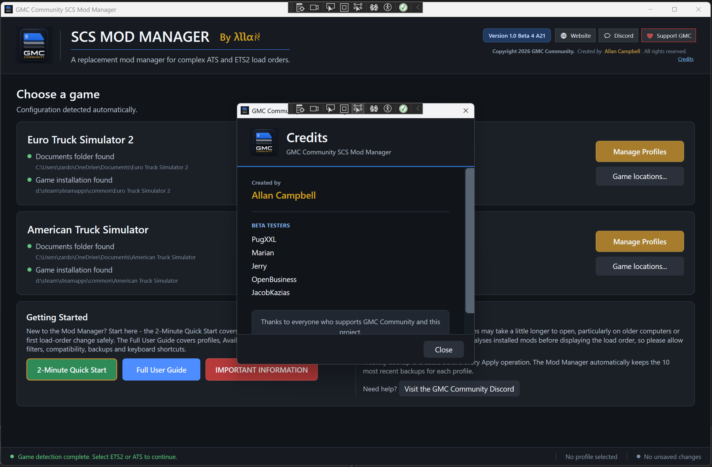 Credits window naming the project creator and beta testers