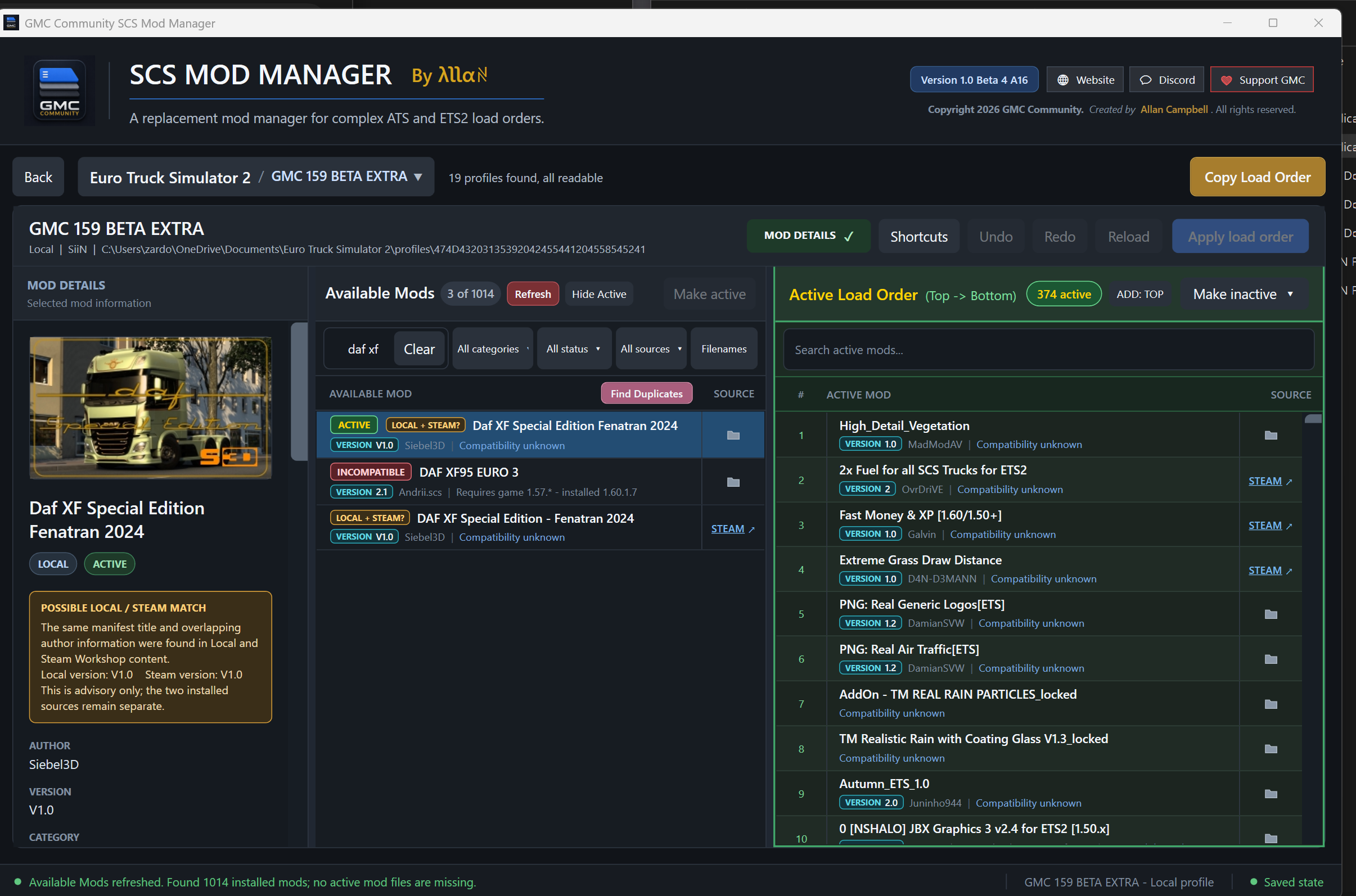 Beta 4 development workspace showing Mod Details and a large load order