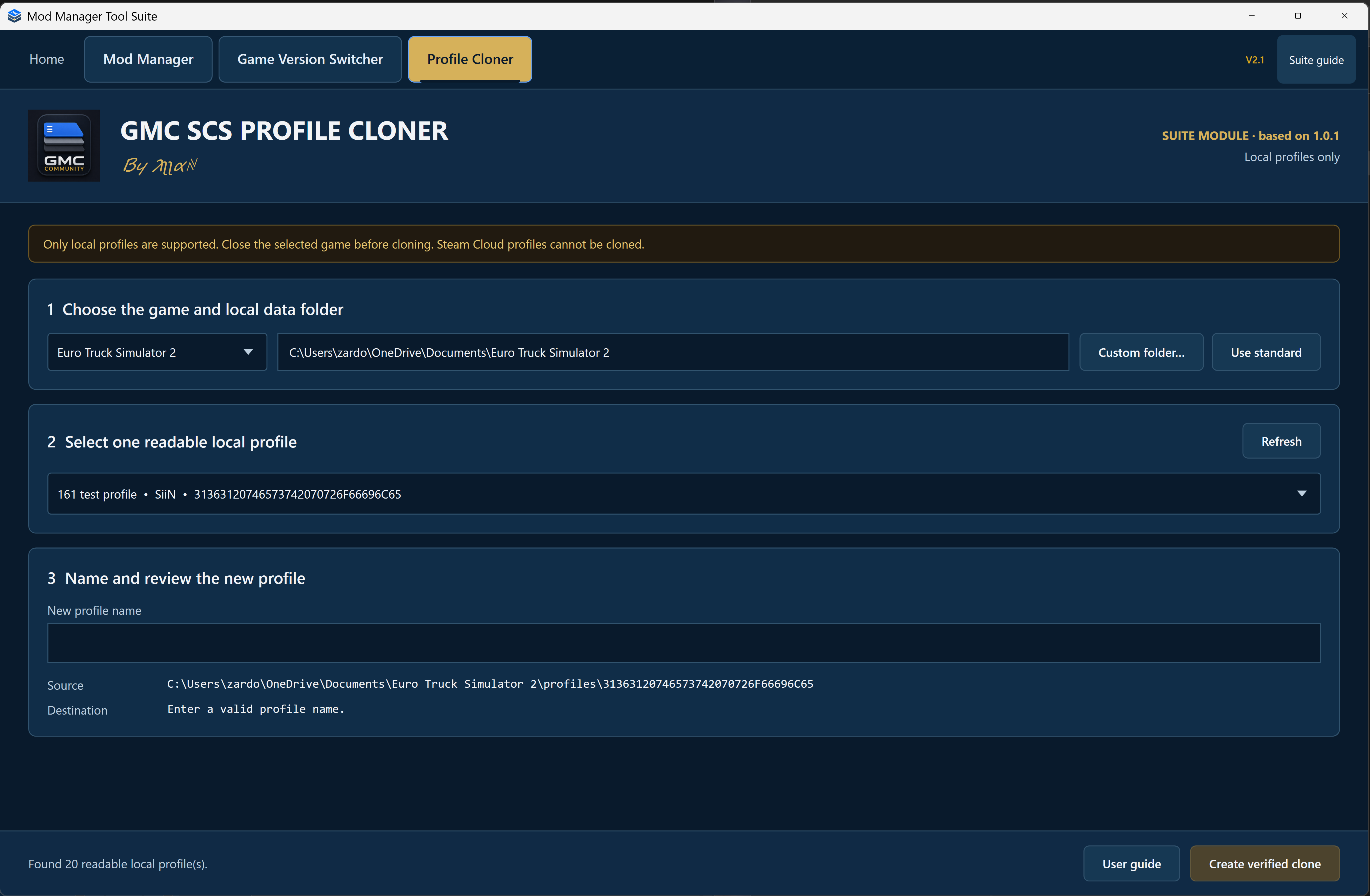 Profile Cloner source and new profile selection